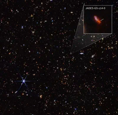 NASA image of the distant galaxy JADES-GS-z14-0.